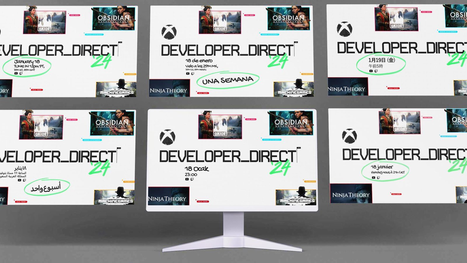 Six monitors showing the same Xbox Developer Direct broadcast localised into six different languages.