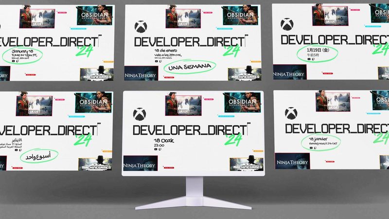 Six monitors showing the same Xbox Developer Direct broadcast localised into six different languages.